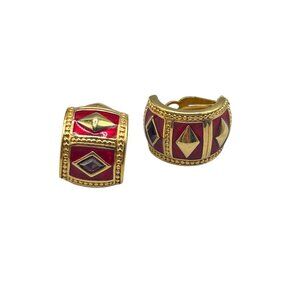 Swarovski Gold Plated Red Enamel & Purple Crystal Huggie Hoop Earrings